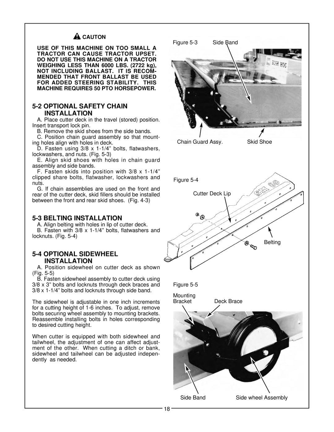 Bush Hog SM 60 manual Optional Safety Chain Installation, Belting Installation, Optional Sidewheel Installation 