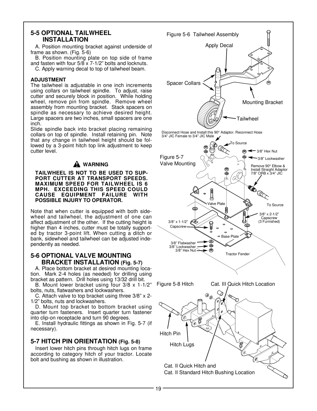 Bush Hog SM 60 manual Optional Tailwheel Installation, Adjustment 