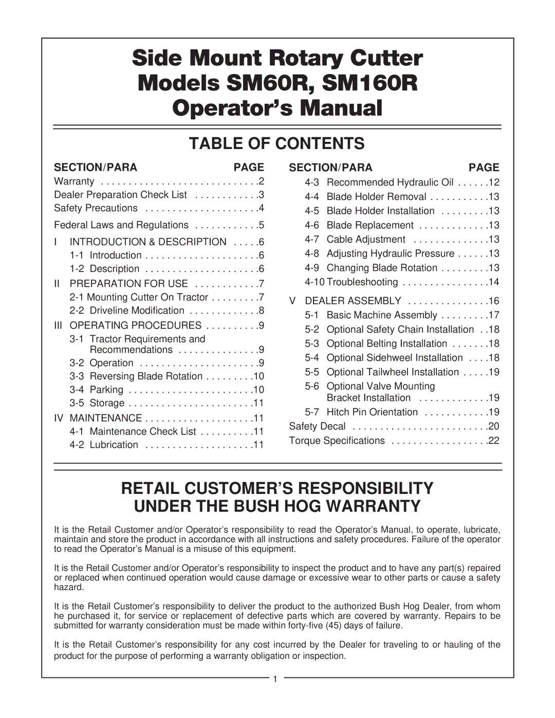 Bush Hog SM 60 manual Table of Contents, Retail CUSTOMER’S Responsibility Under the Bush HOG Warranty 