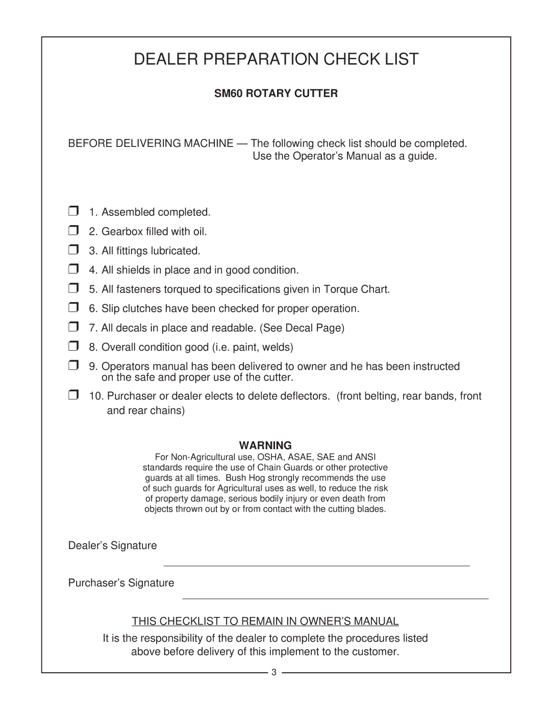 Bush Hog SM 60 manual Dealer Preparation Check List, SM60 Rotary Cutter 