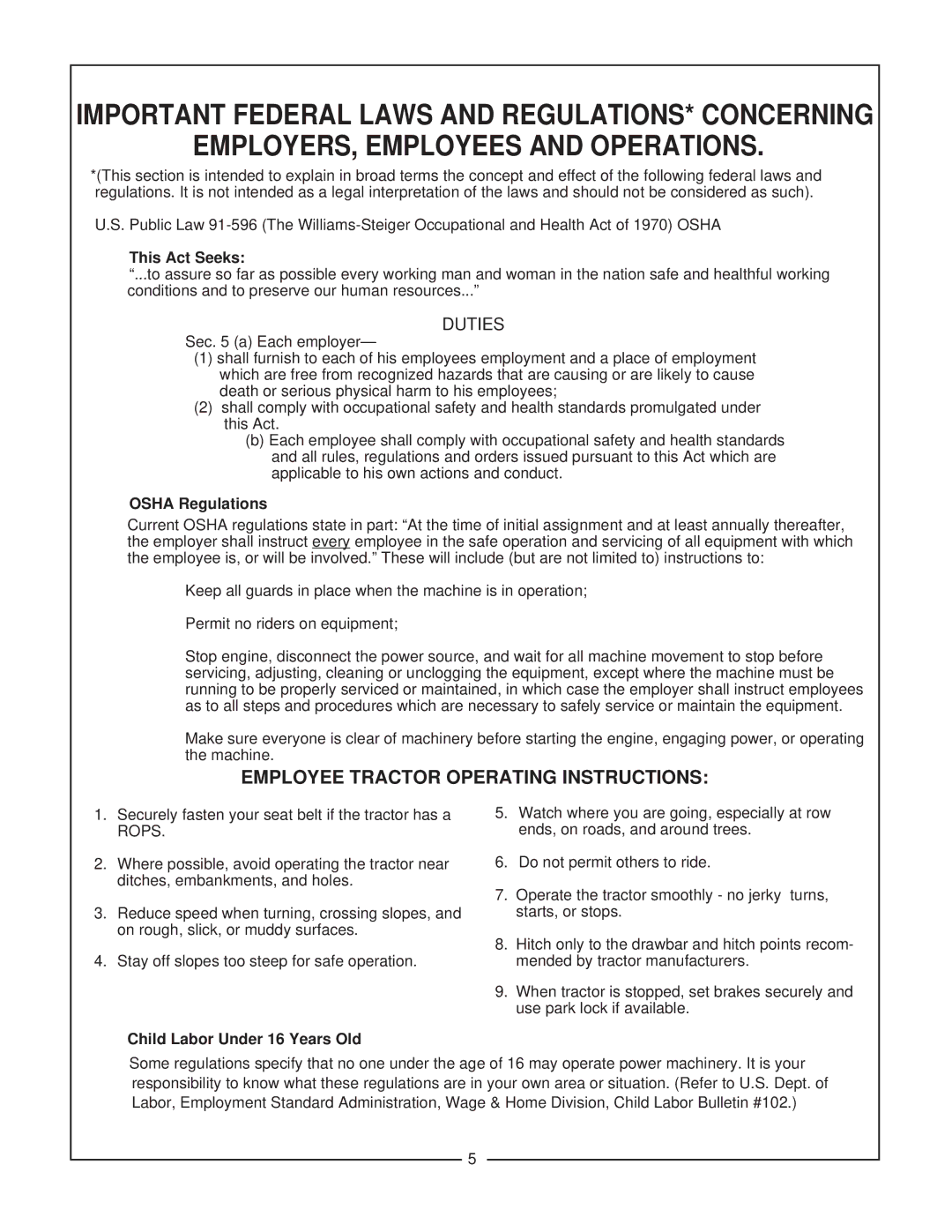 Bush Hog SM 60 manual EMPLOYERS, Employees and Operations, Employee Tractor Operating Instructions, This Act Seeks 