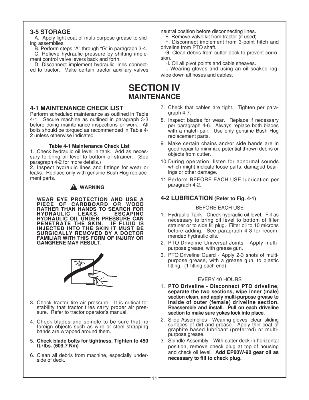 Bush Hog SM 60 manual Maintenance, 3-5STORAGE, 4-1MAINTENANCE CHECK LIST, Section 