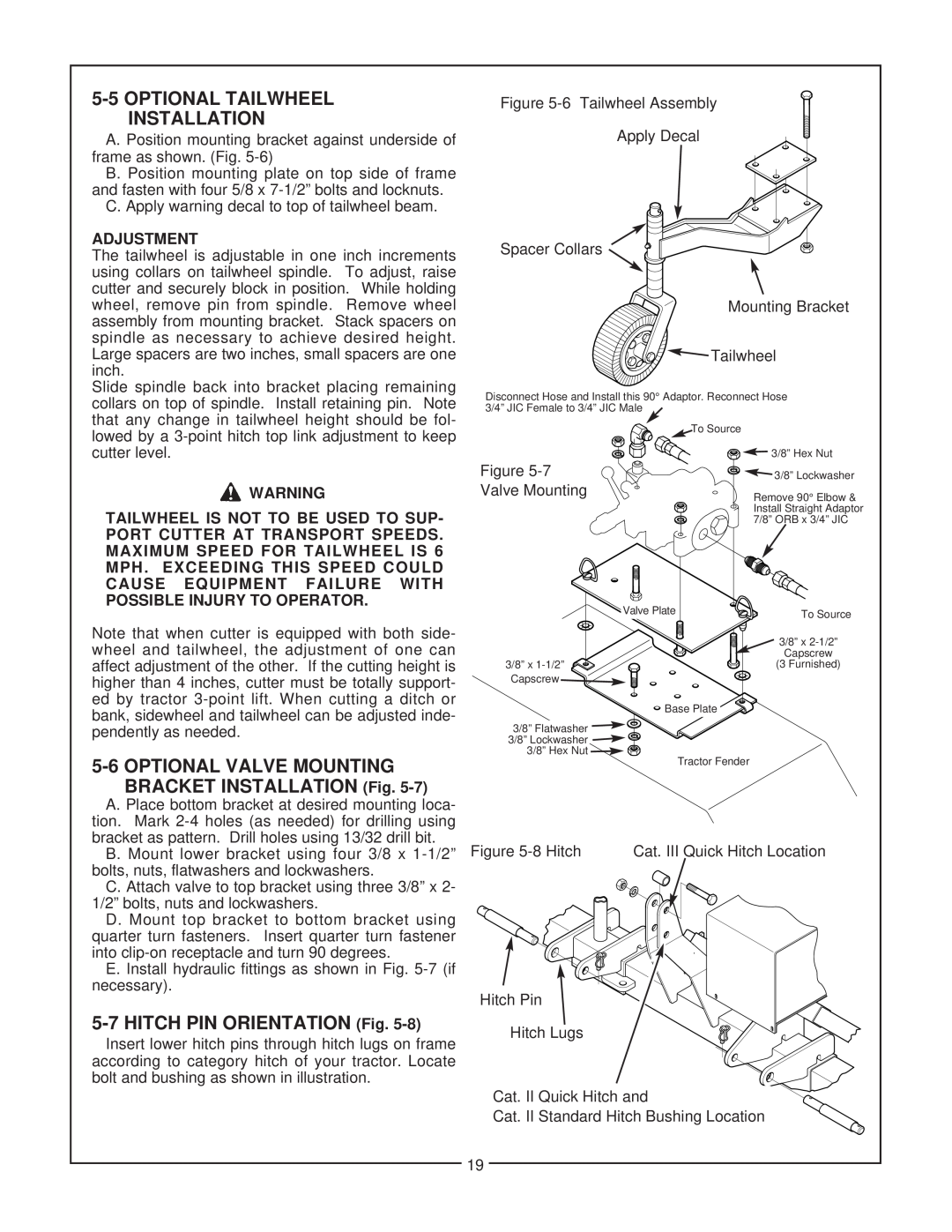 Bush Hog SM 60 manual 5-5OPTIONAL TAILWHEEL INSTALLATION, 5-7HITCH PIN ORIENTATION Fig, Adjustment 