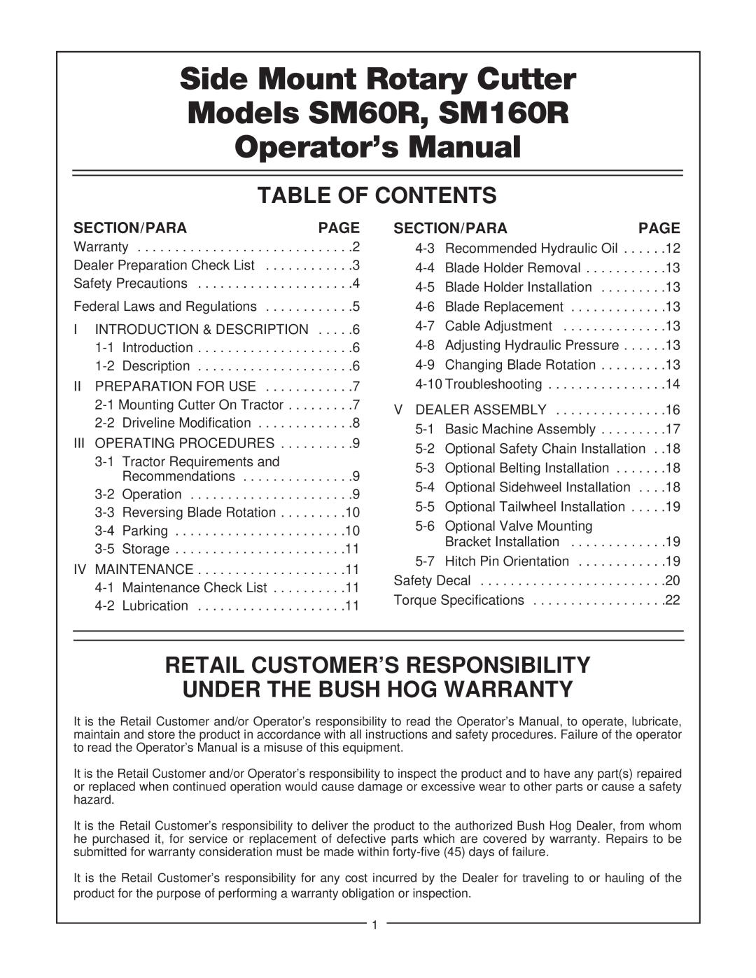 Bush Hog SM 60 manual Table Of Contents, Retail Customer’S Responsibility, Under The Bush Hog Warranty, Section/Parapage 