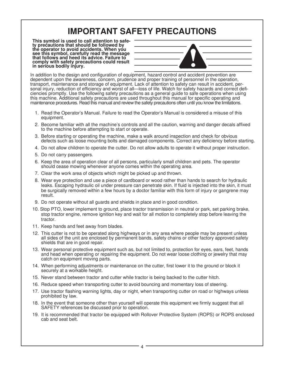 Bush Hog SM 60 manual Important Safety Precautions 