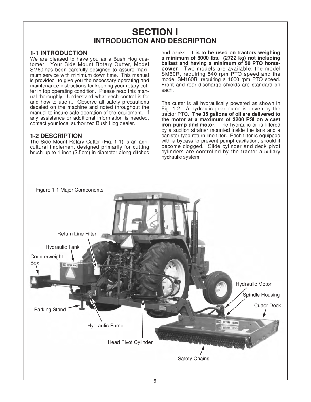 Bush Hog SM 60 manual Section, Introduction And Description, 1-1INTRODUCTION, 1-2DESCRIPTION 