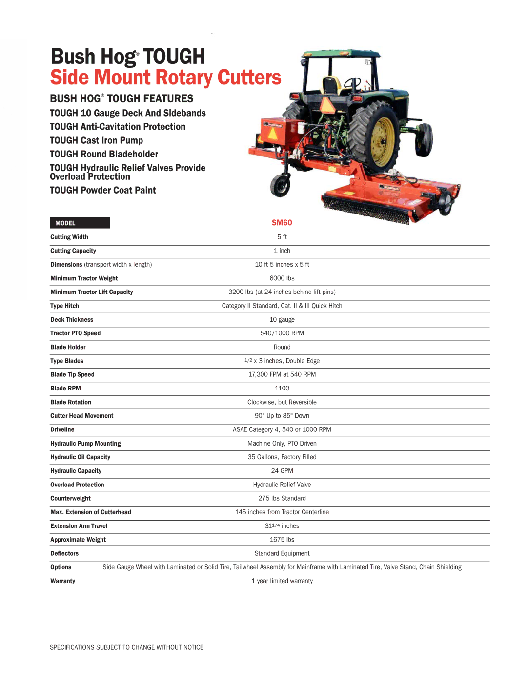 Bush Hog SM60 specifications Side Mount Rotary Cutters, Bush Hog Tough Features 