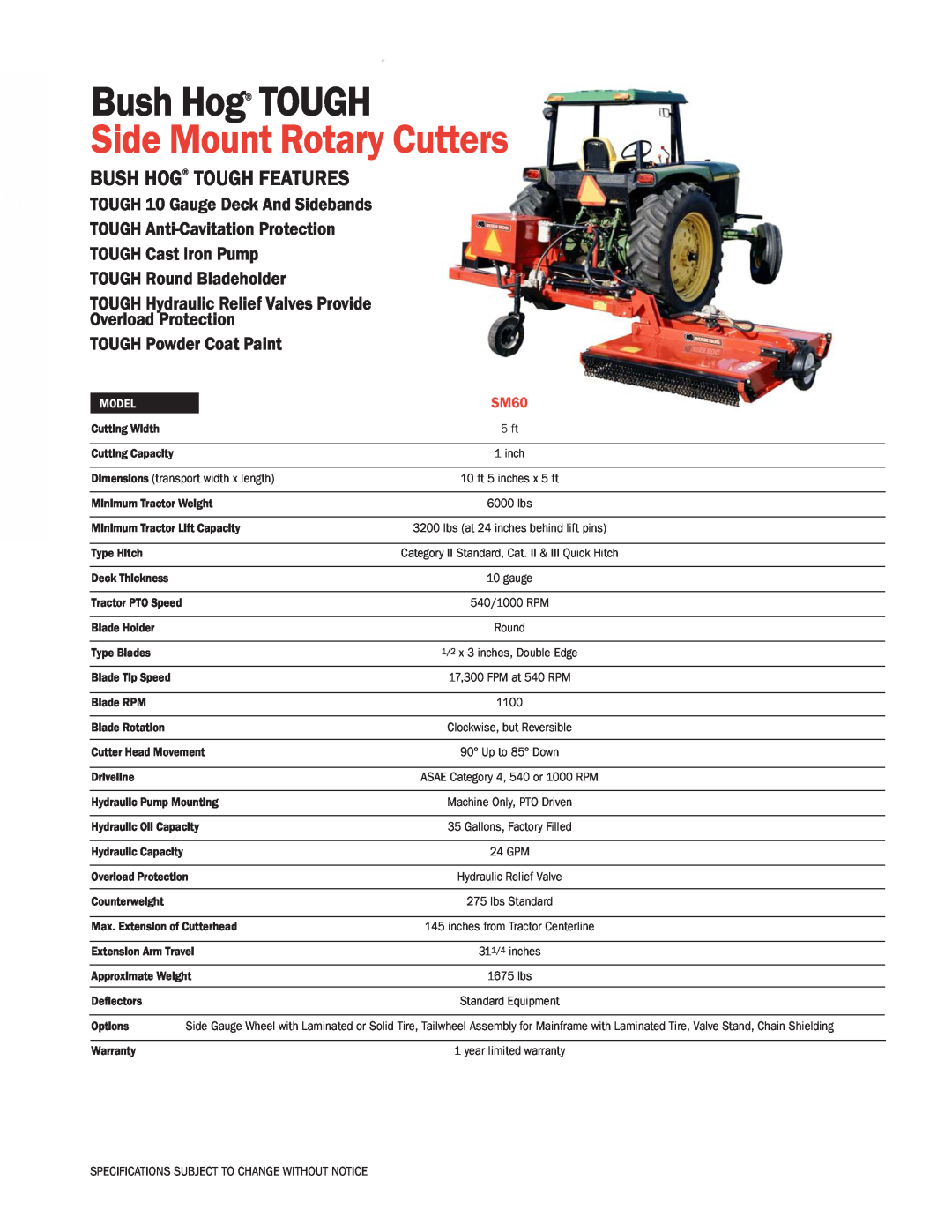 Bush Hog SM60 specifications Side Mount Rotary Cutters, Bush Hog TOUGH Features, TOUGH 10 Gauge Deck And Sidebands 