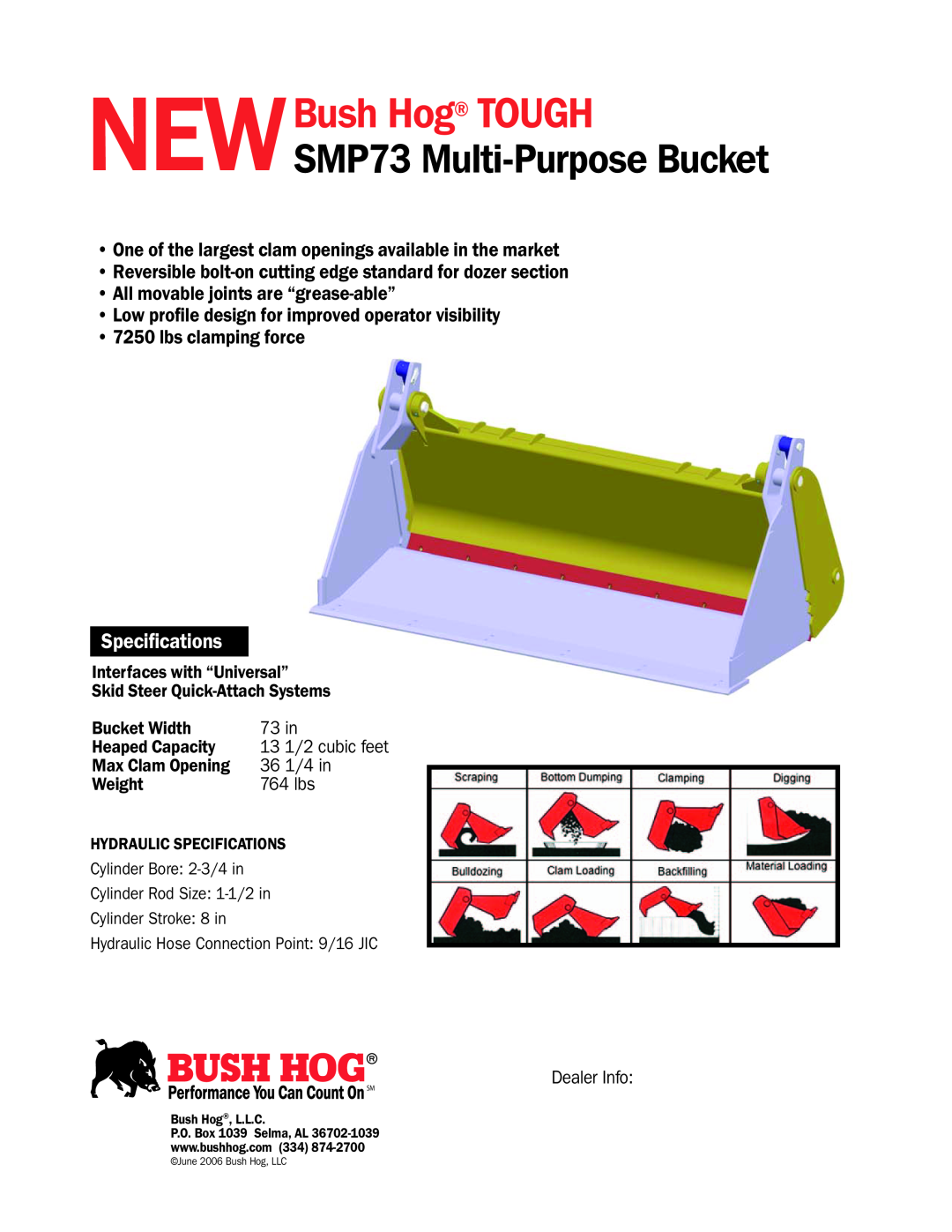 Bush Hog manual NewBush Hog TOUGH, SMP73 Multi-PurposeBucket, Spe Specifications 
