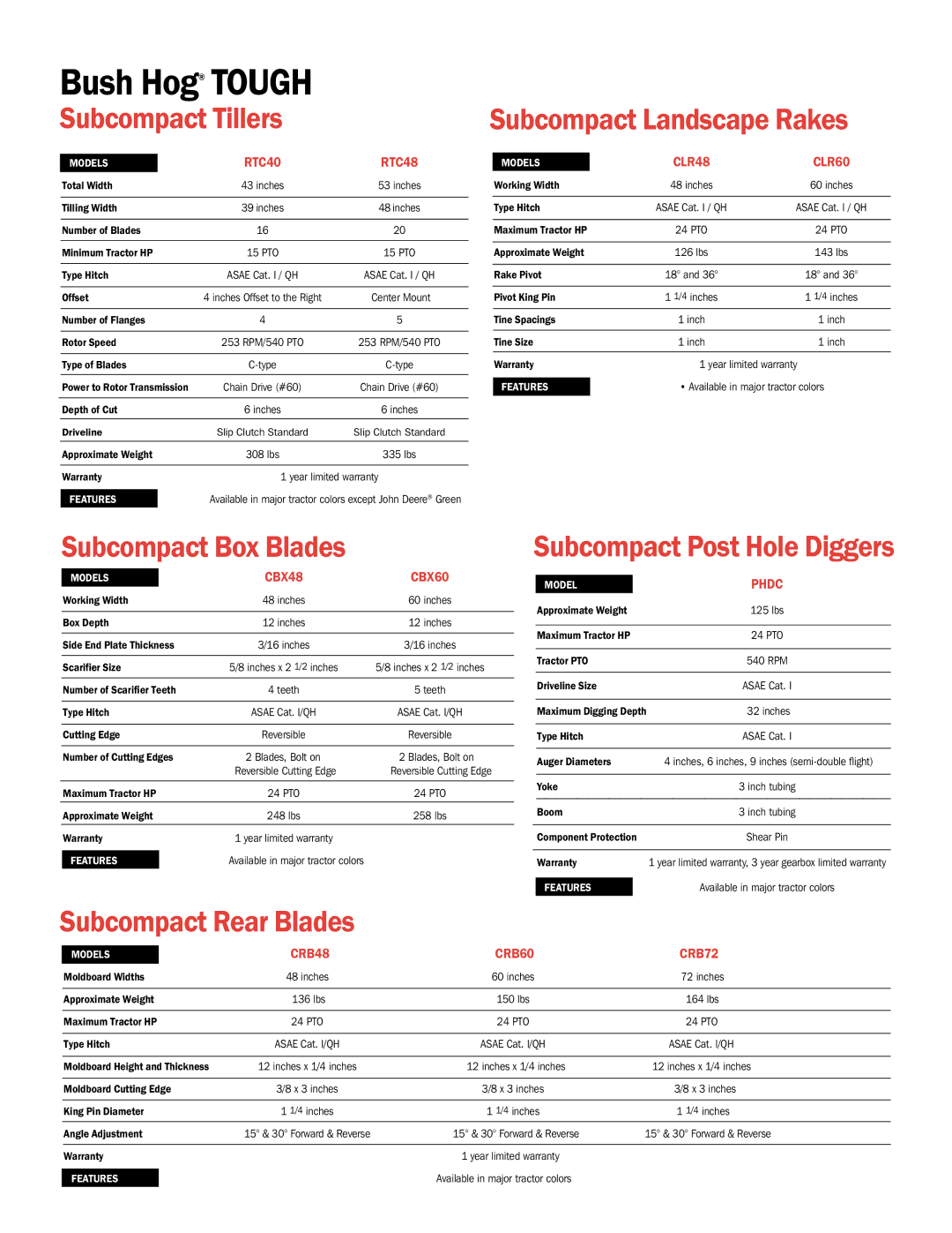 Bush Hog Subcompact Rear Blades, Subcompact Tillers, Subcompact Box Blades, Subcompact Landscape Rakes manual Bush Hog Tough 