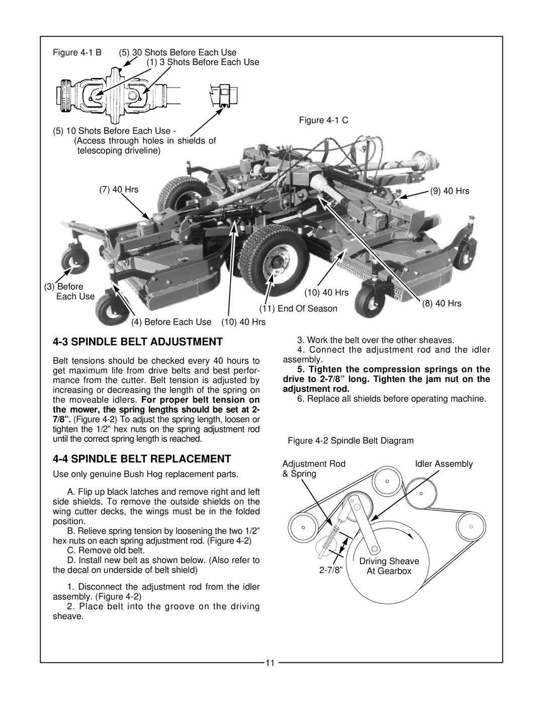 Bush Hog TD-1100 manual Spindle Belt Adjustment, Spindle Belt Replacement 