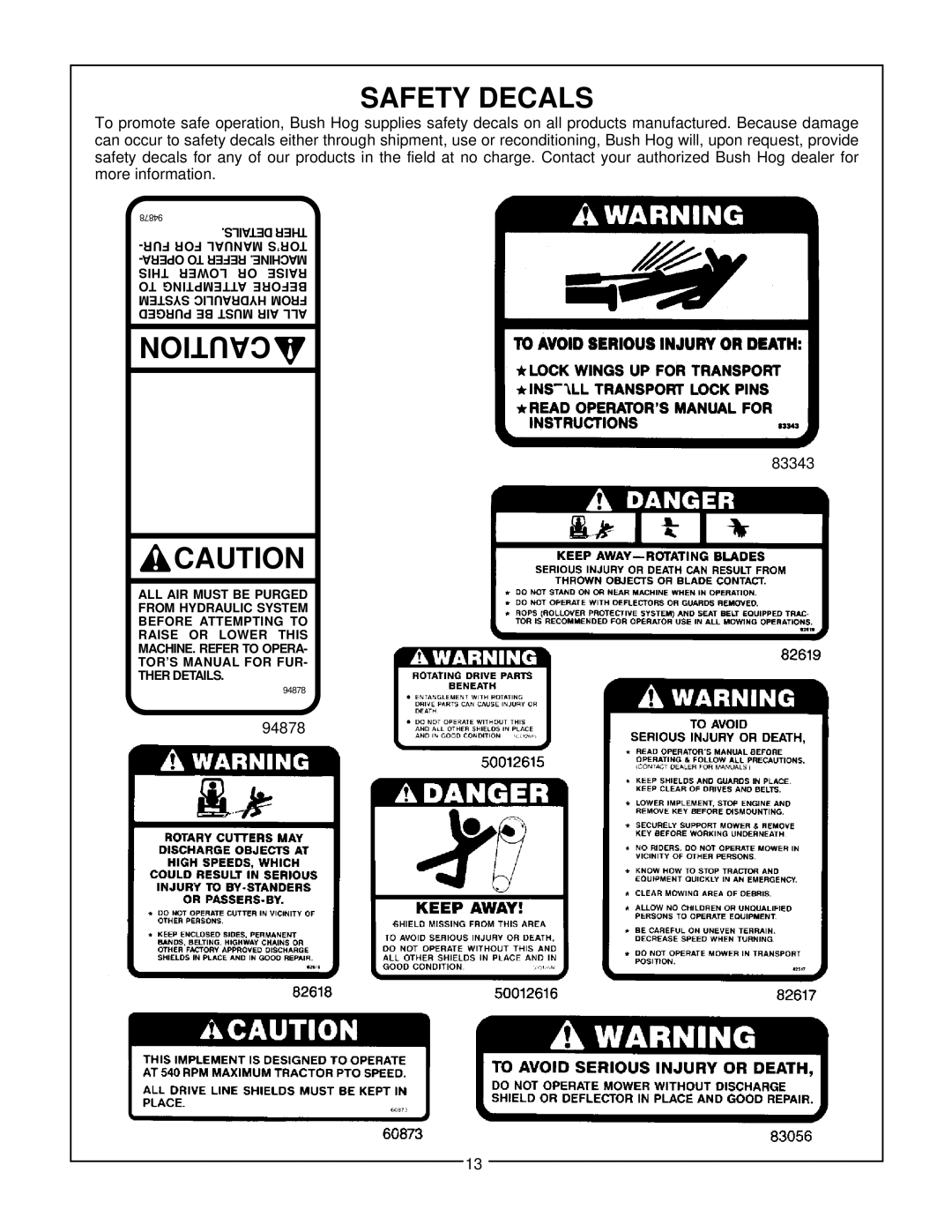 Bush Hog TD-1100 manual Safety Decals, 83343 