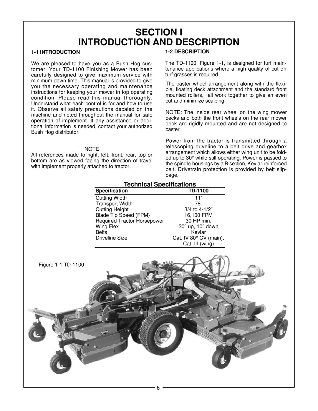 Bush Hog TD-1100 manual Section Introduction and Description 