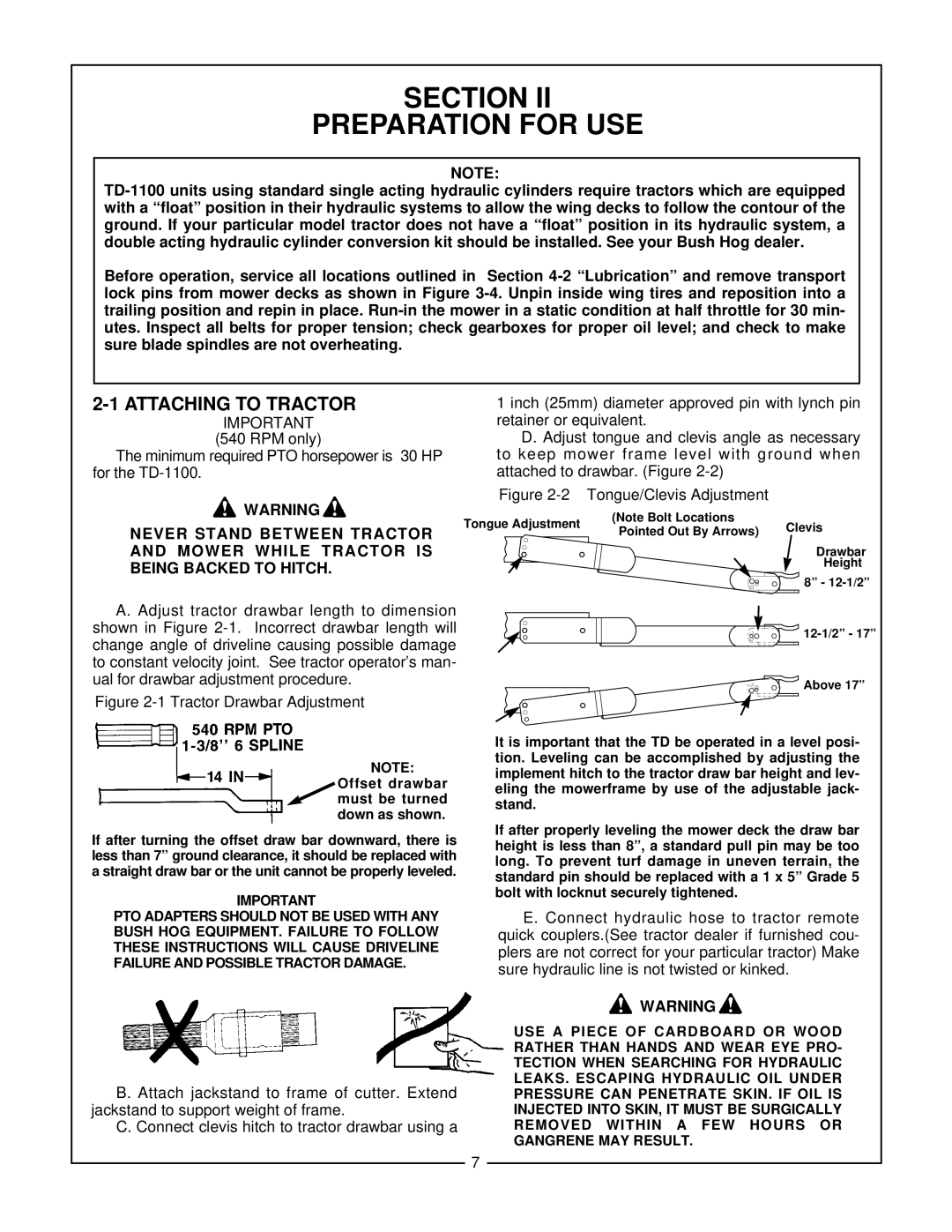 Bush Hog TD-1100 manual Section Preparation for USE, Attaching to Tractor 