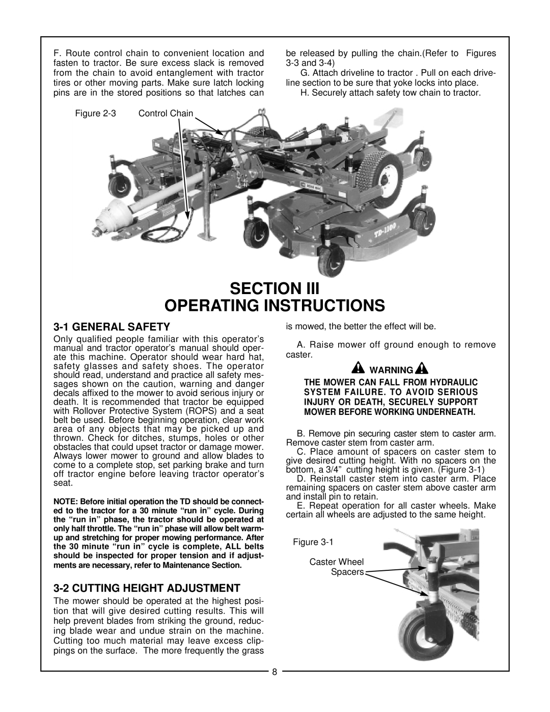 Bush Hog TD-1100 manual Section Operating Instructions, 3-1GENERAL SAFETY, 3-2CUTTING HEIGHT ADJUSTMENT 