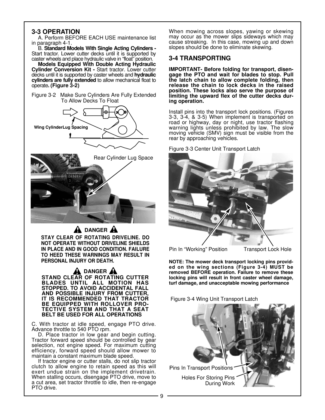 Bush Hog TD-1100 manual 3-3OPERATION, 3-4TRANSPORTING, Danger 