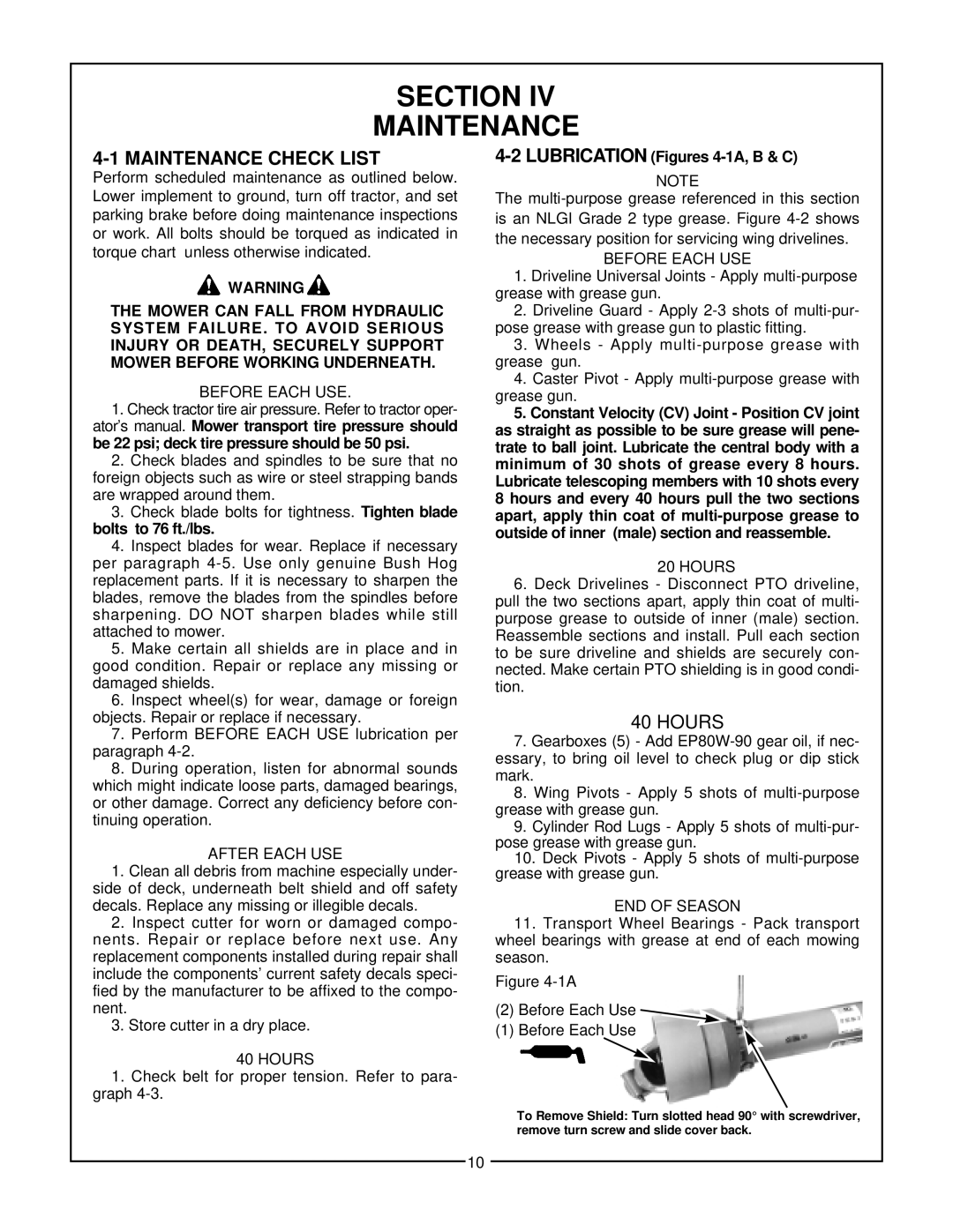 Bush Hog TD-1100 manual Section Maintenance, 4-1MAINTENANCE CHECK LIST, 4-2LUBRICATION Figures 4-1A,B & C 