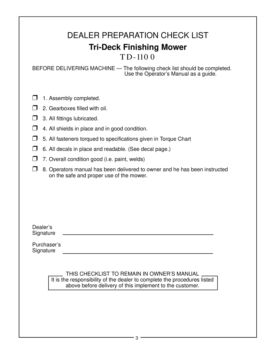 Bush Hog TD-1100 manual Tri-DeckFinishing Mower, Dealer Preparation Check List 