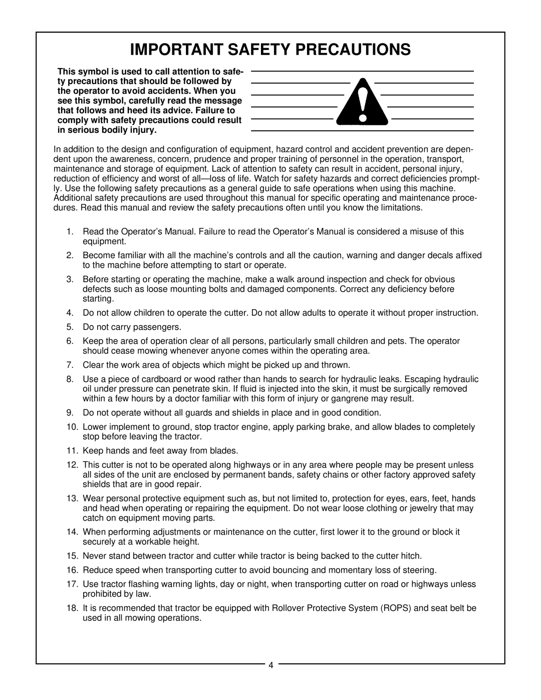 Bush Hog TD-1100 manual Important Safety Precautions 