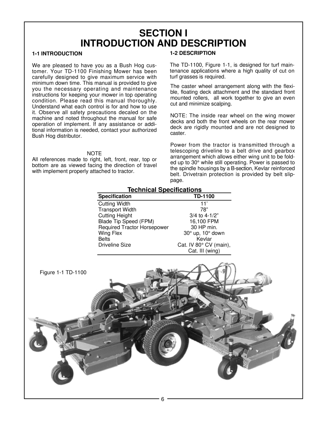 Bush Hog TD-1100 manual Section Introduction And Description, Technical Specifications, 1-1INTRODUCTION, 1-2DESCRIPTION 