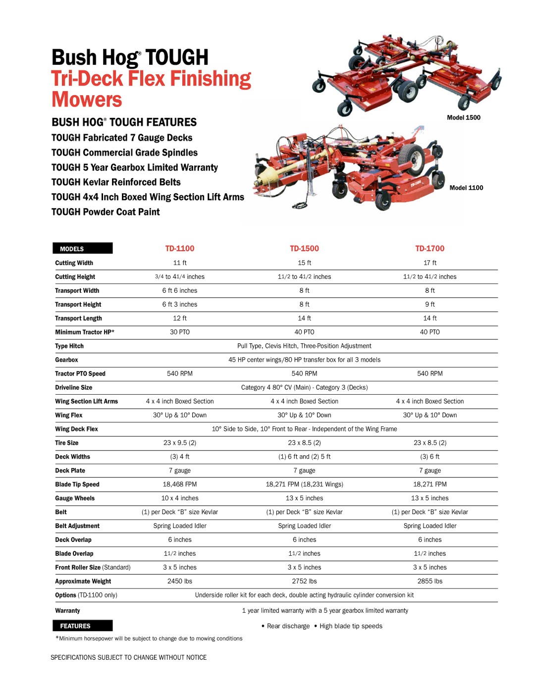 Bush Hog TD-1500 specifications Tri-Deck Flex Finishing Mowers, Bush Hog Tough Features, Tough Kevlar Reinforced Belts 