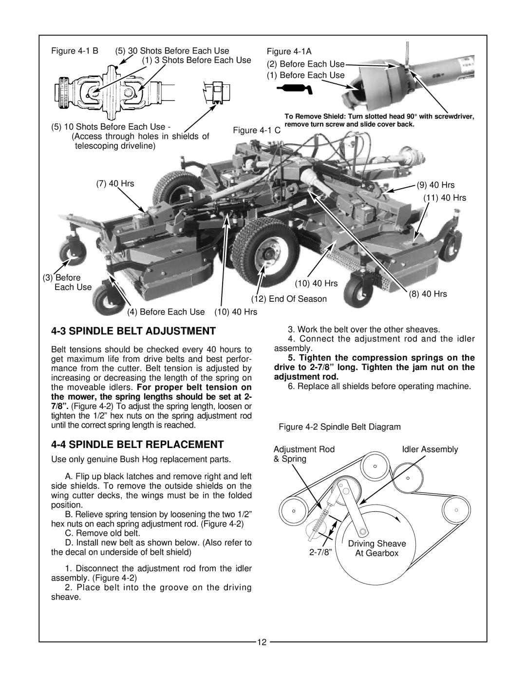 Bush Hog TDR-11 manual Spindle Belt Adjustment, Spindle Belt Replacement 