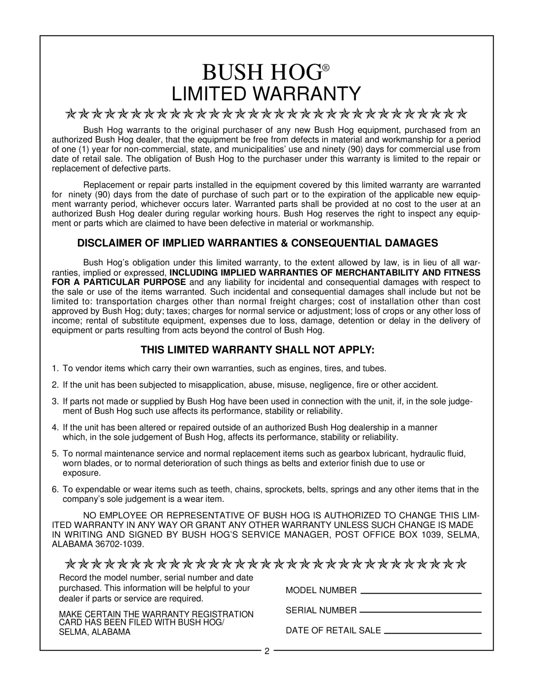 Bush Hog TDR-11 manual Disclaimer of Implied Warranties & Consequential Damages, This Limited Warranty Shall not Apply 