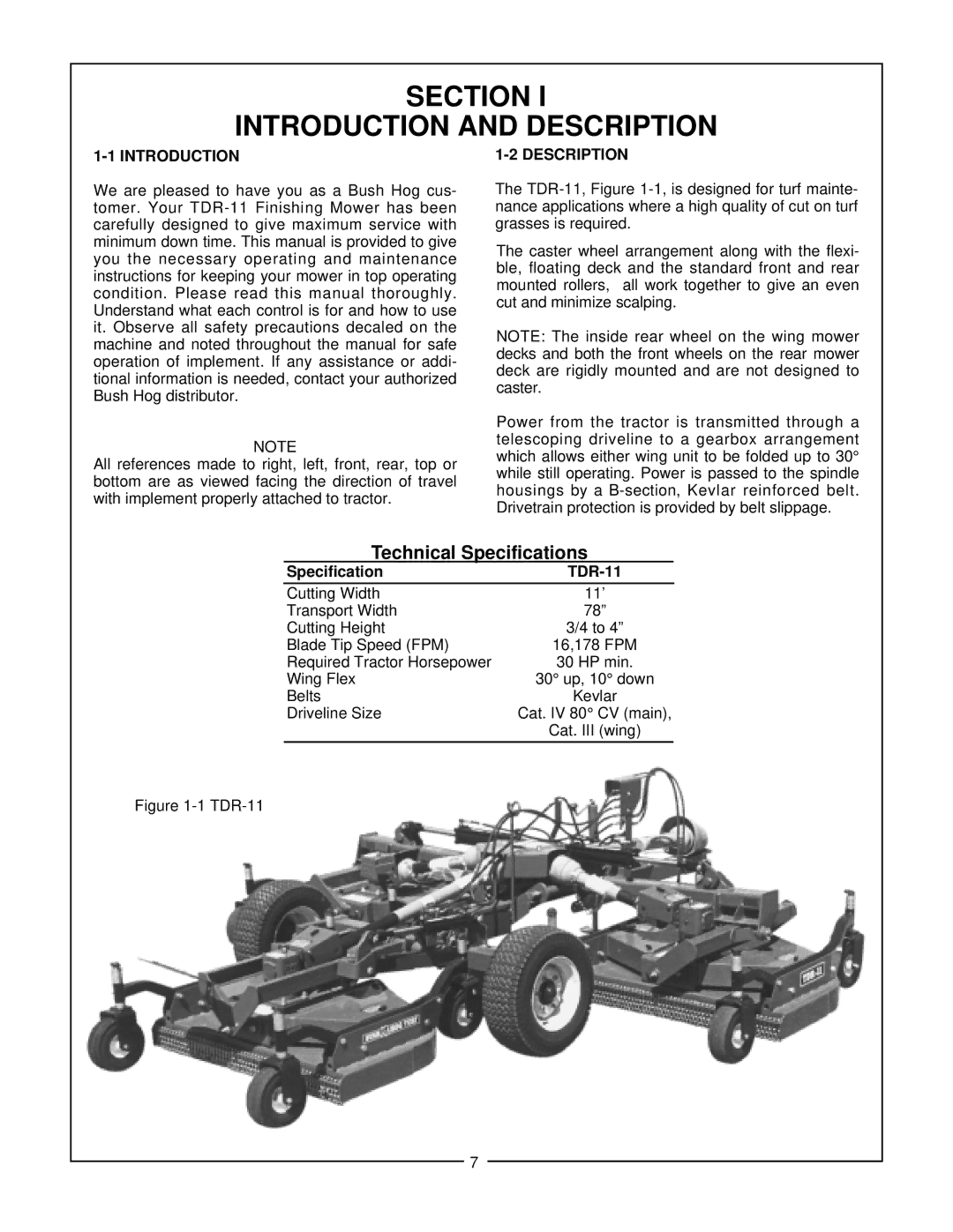 Bush Hog TDR-11 manual Section Introduction and Description 