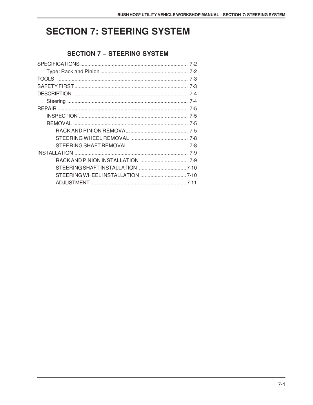 Bush Hog Utility Vehicle Workshop specifications Steering System 