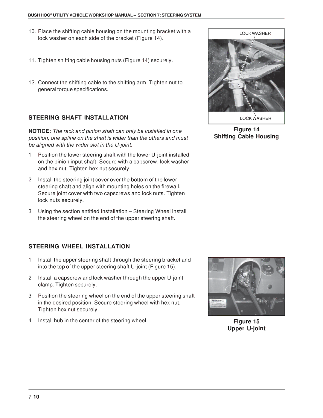 Bush Hog Utility Vehicle Workshop specifications Steering Shaft Installation, Steering Wheel Installation, Upper U-joint 