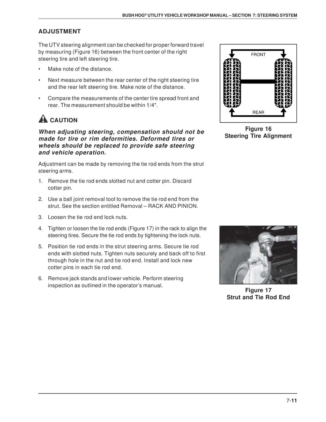 Bush Hog Utility Vehicle Workshop specifications Adjustment, Steering Tire Alignment Strut and Tie Rod End 