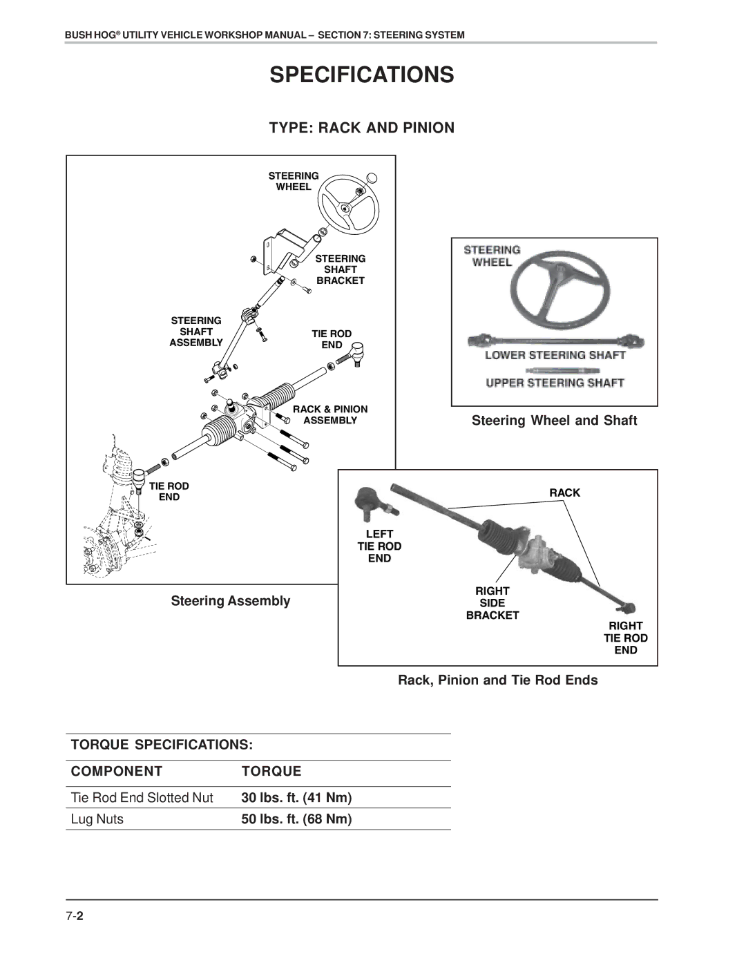 Bush Hog Utility Vehicle Workshop specifications Type Rack and Pinion, Torque Specifications Component 