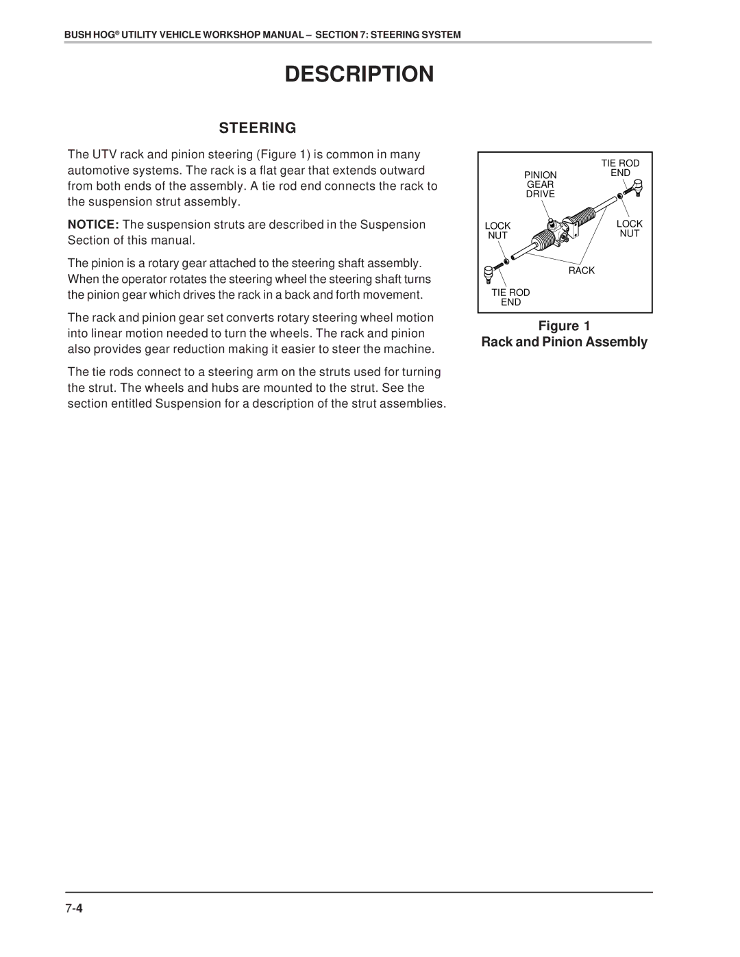 Bush Hog Utility Vehicle Workshop specifications Description, Steering, Rack and Pinion Assembly 