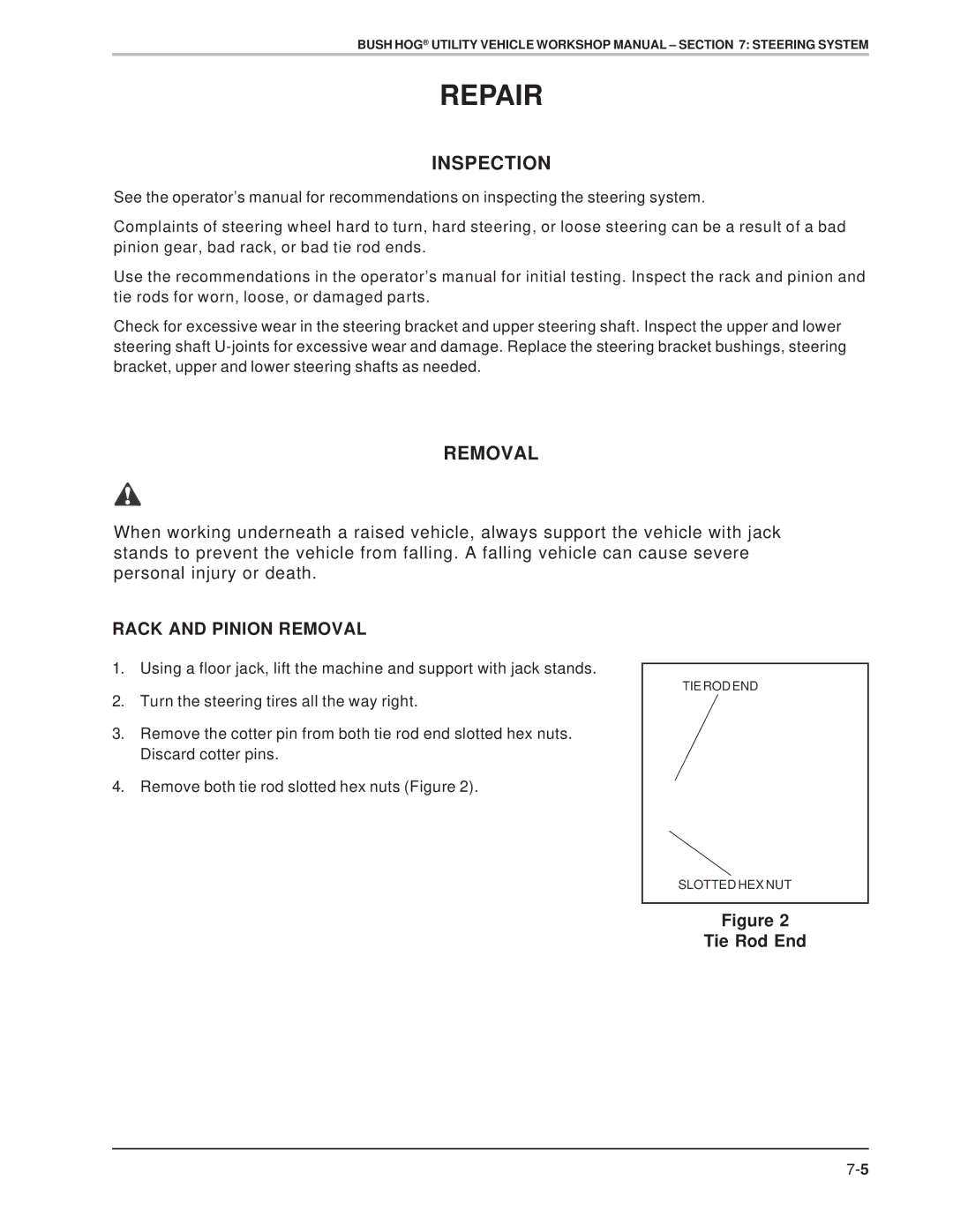 Bush Hog Utility Vehicle Workshop specifications Repair, Inspection, Rack and Pinion Removal, Tie Rod End 