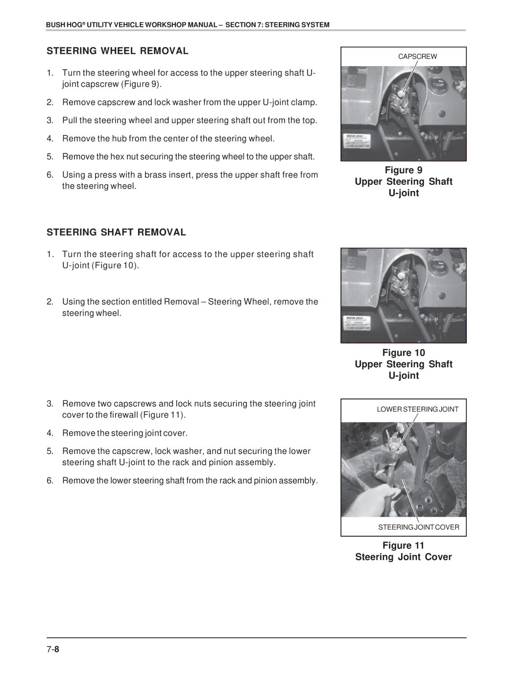 Bush Hog Utility Vehicle Workshop specifications Steering Wheel Removal, Steering Shaft Removal, Upper Steering Shaft Joint 
