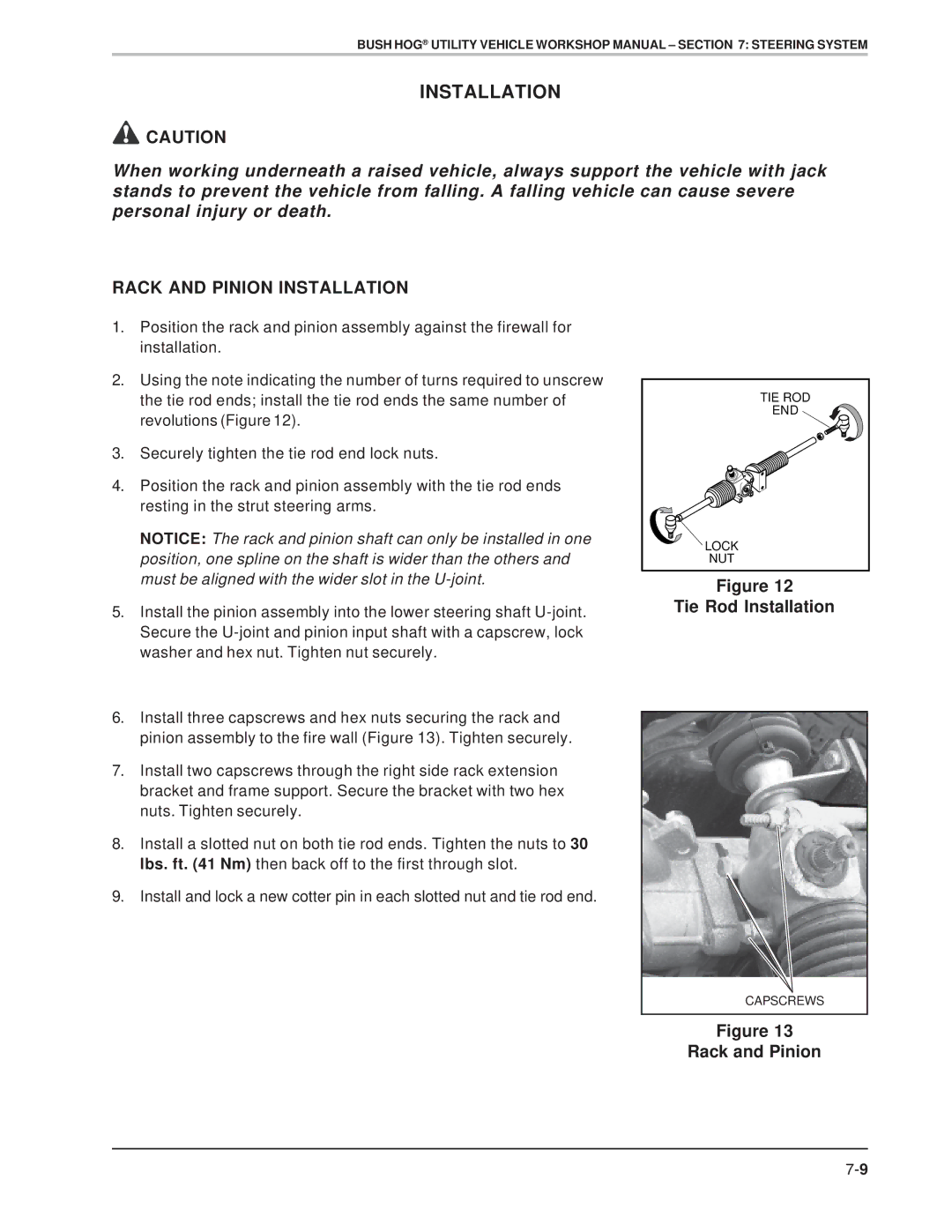 Bush Hog Utility Vehicle Workshop specifications Rack and Pinion Installation, Tie Rod Installation 