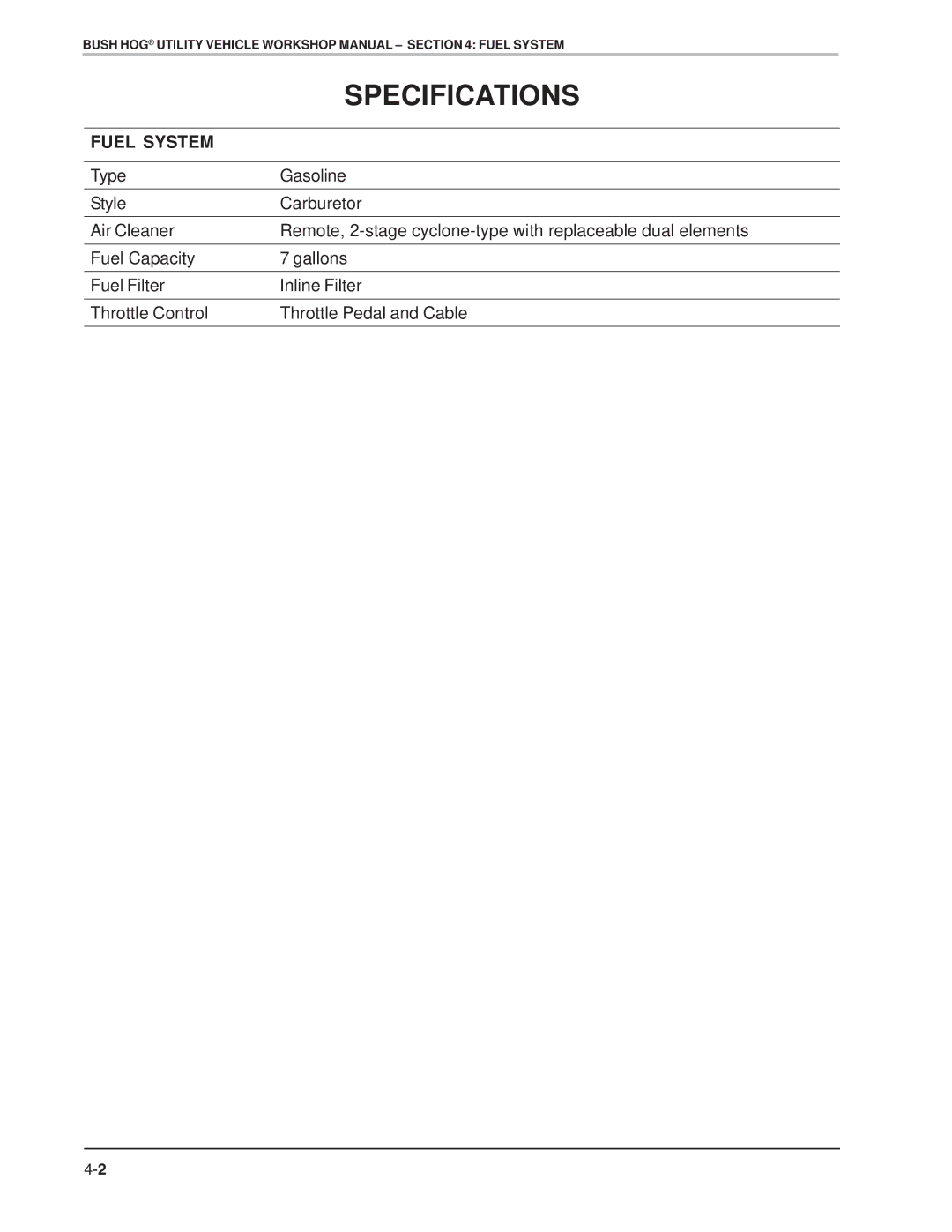 Bush Hog Utility Vehicles specifications Specifications, Fuel System 