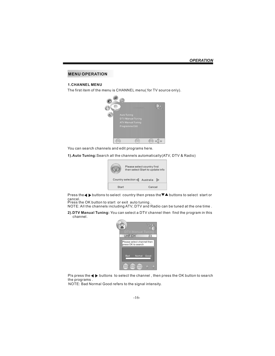 Bush IDLCD1904HD instruction manual Menu Operation, Channel Menu 