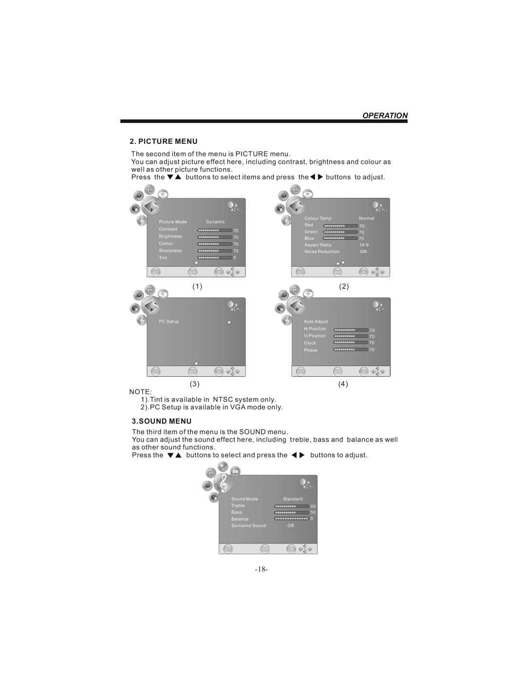 Bush IDLCD1904HD instruction manual Picture Menu, Sound Menu 