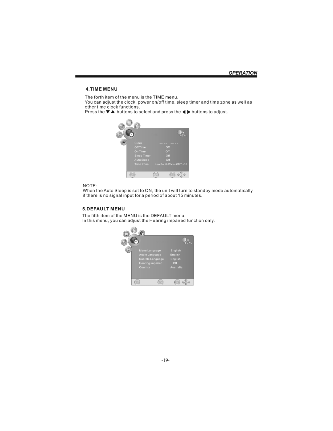 Bush IDLCD1904HD instruction manual Time Menu, Default Menu 