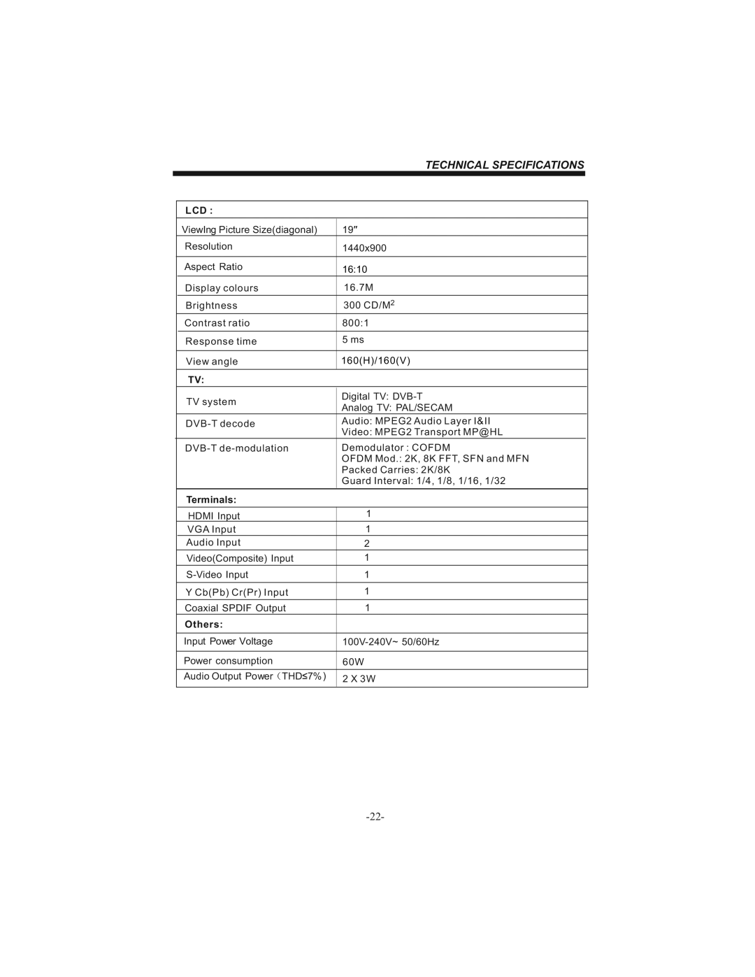 Bush IDLCD1904HD instruction manual Technical Specifications, Lcd 