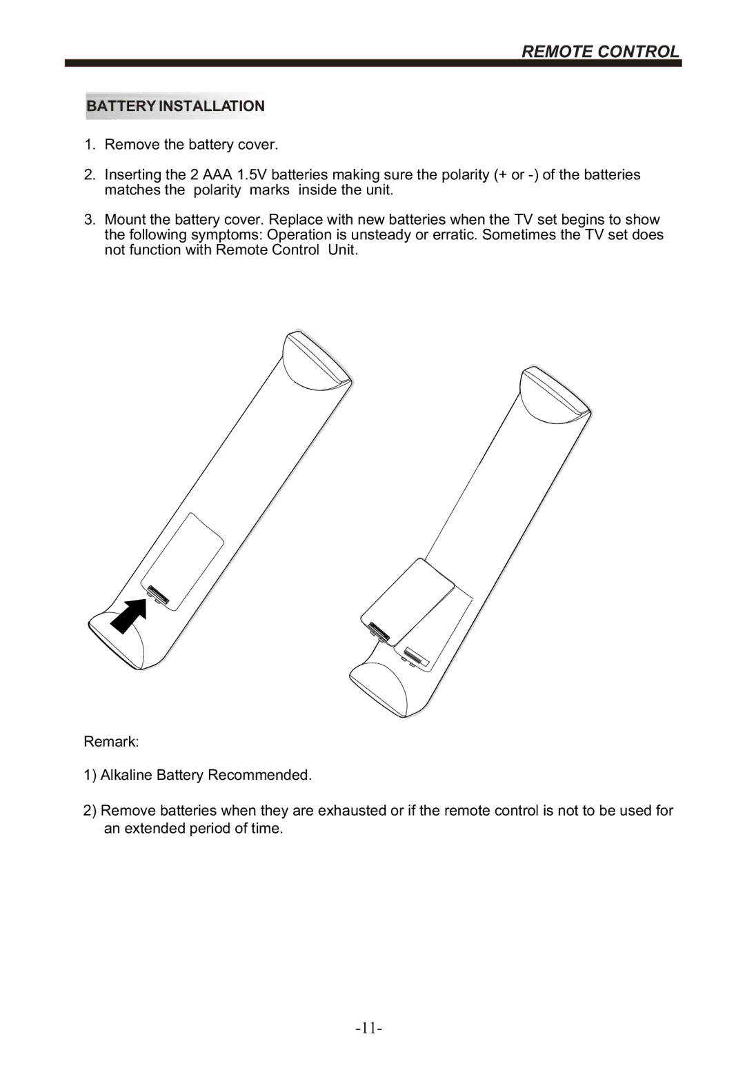 Bush IDLCD2204HD instruction manual Remote Control, Battery Installation 