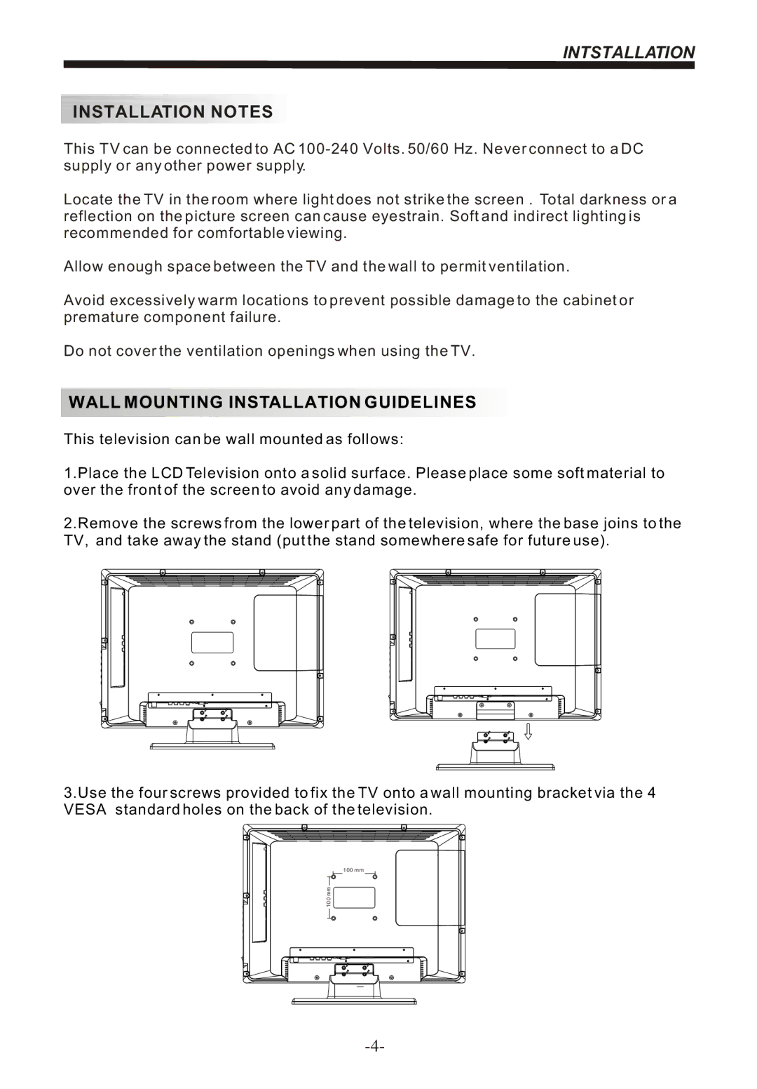 Bush IDLCD2204HD instruction manual Intstallation, Installation Notes 