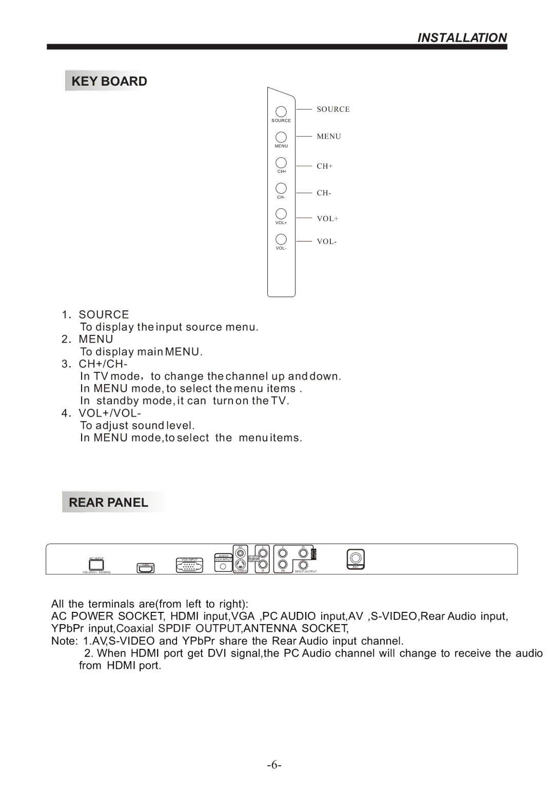 Bush IDLCD2204HD instruction manual Installation, KEY Board, Rear Panel 