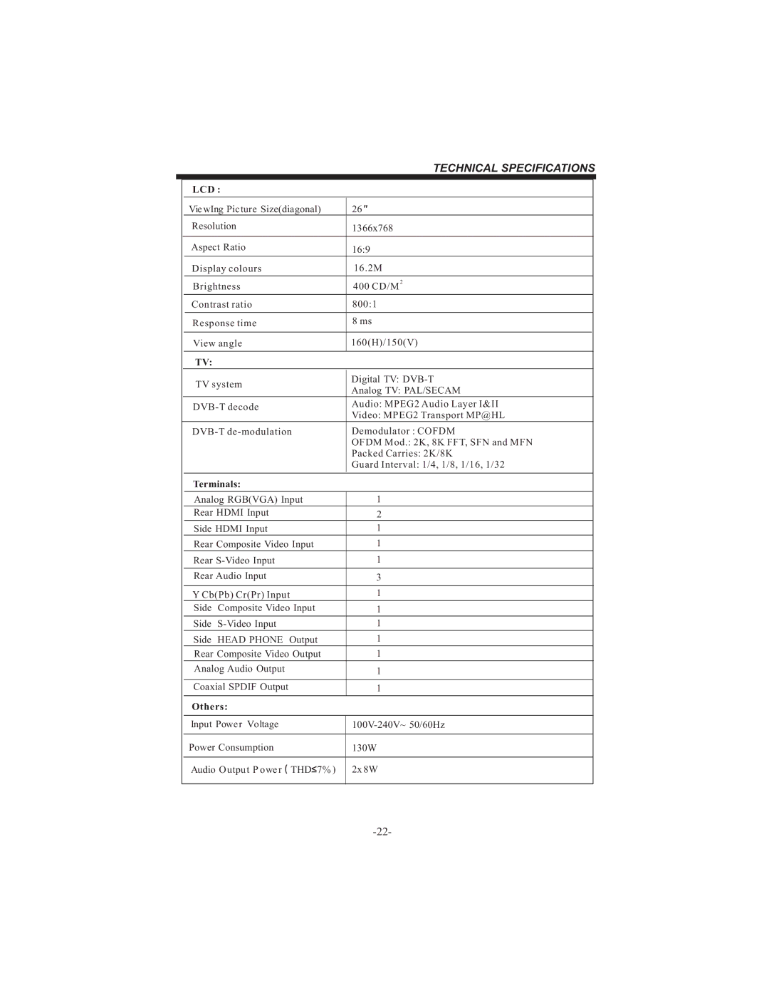 Bush IDLCD2604HD instruction manual Technical Specifications, Lcd 