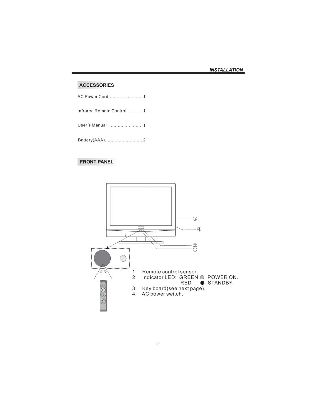 Bush IDLCD2604HD instruction manual Accessories, Front Panel 