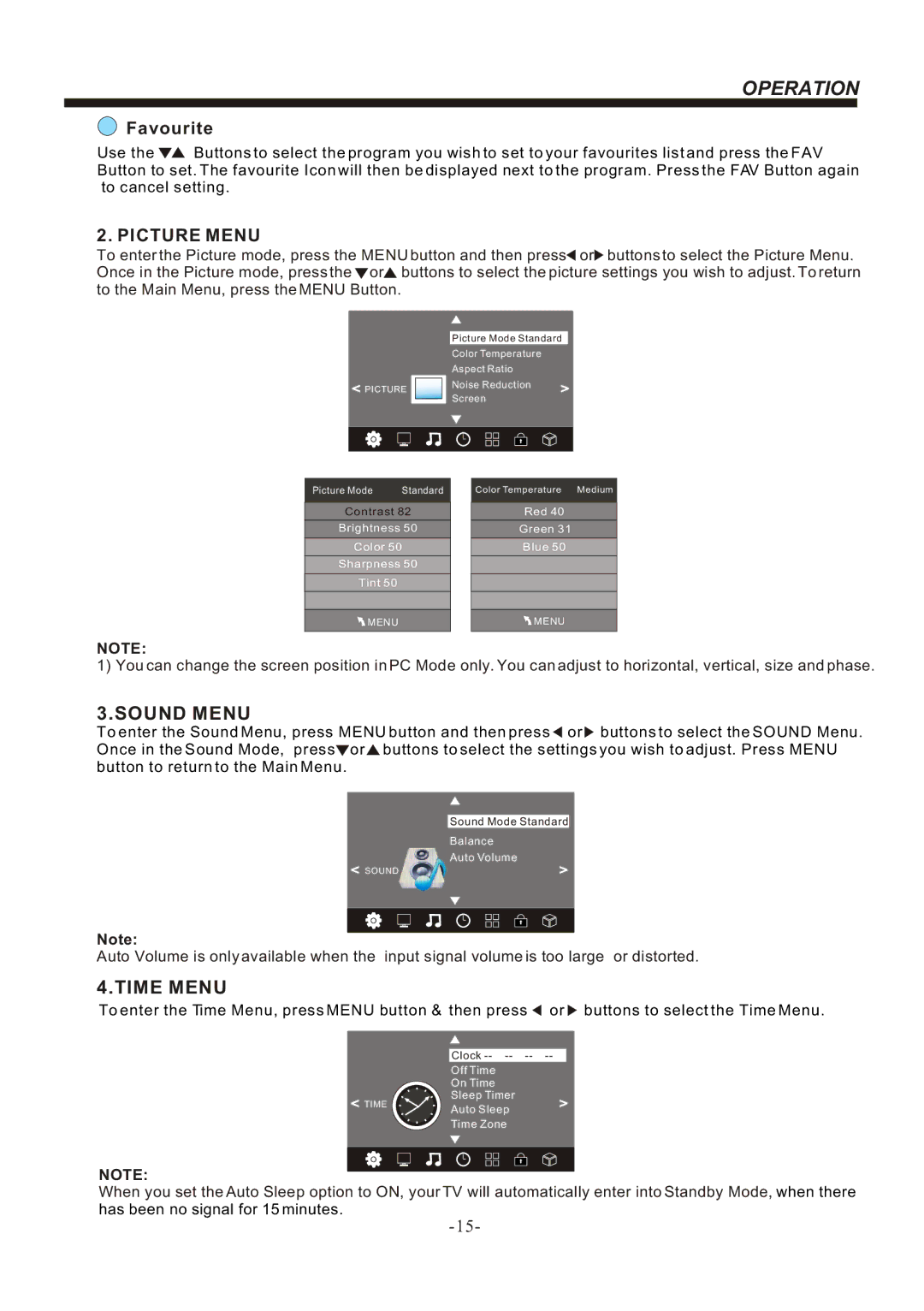 Bush IDLED2201, IDLED2401, IDLED1901 instruction manual Favourite, Picture Menu, Sound Menu, Time Menu 