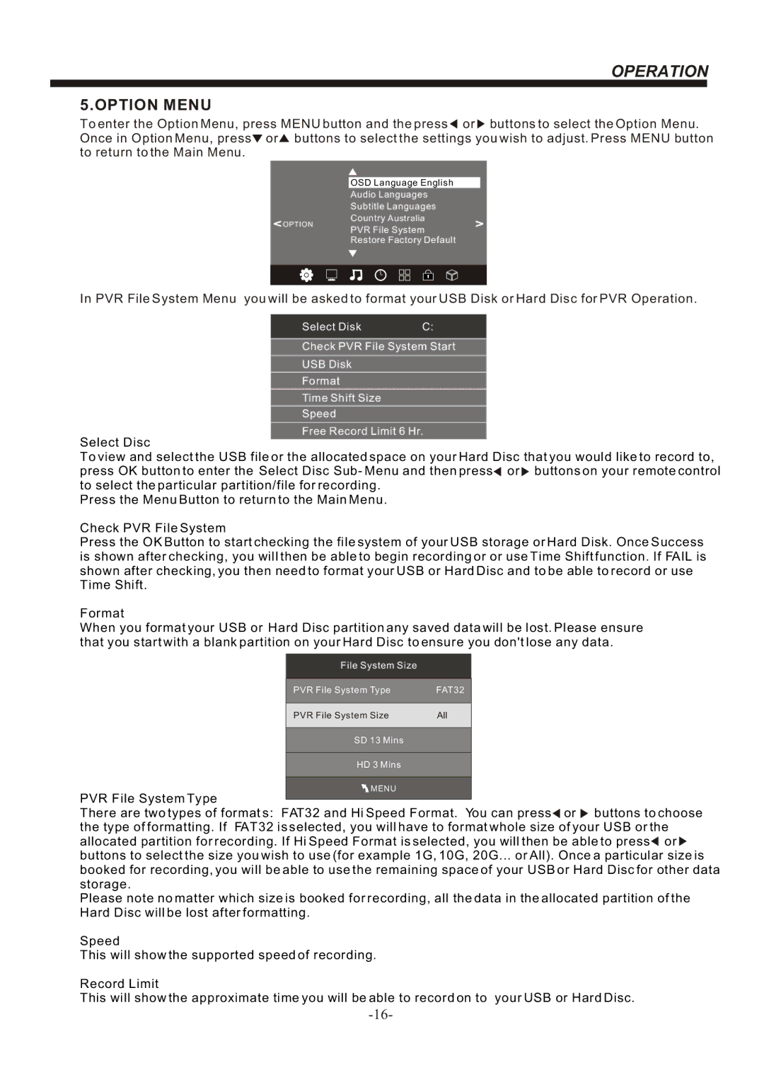 Bush IDLED1901, IDLED2401, IDLED2201 instruction manual Option Menu, PVR File System Type 