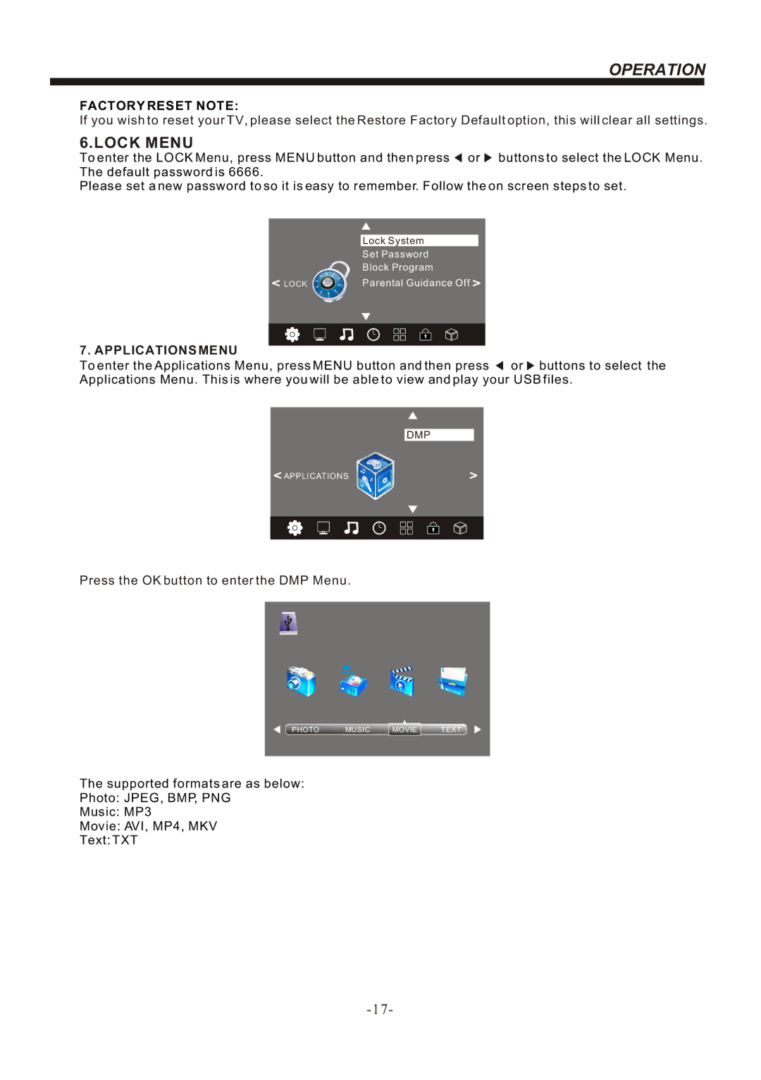 Bush IDLED2401, IDLED2201, IDLED1901 instruction manual Lock Menu, Factory Reset Note 