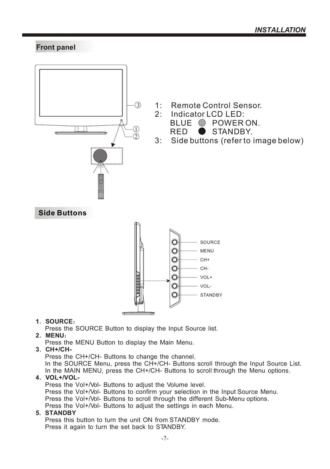 Bush IDLED1901, IDLED2401, IDLED2201 instruction manual Side Buttons, Source, Standby 